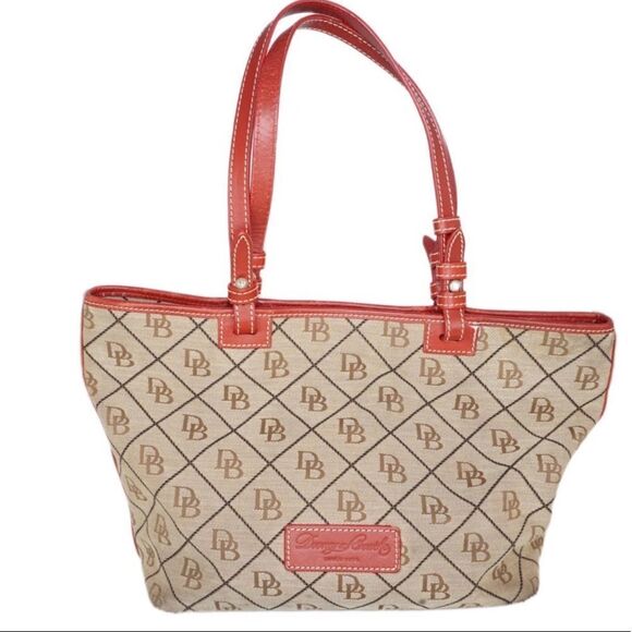 Dooney & Bourke Canvas Monogram Logo Tote with Red Leather Trim - Picture 1 of 12